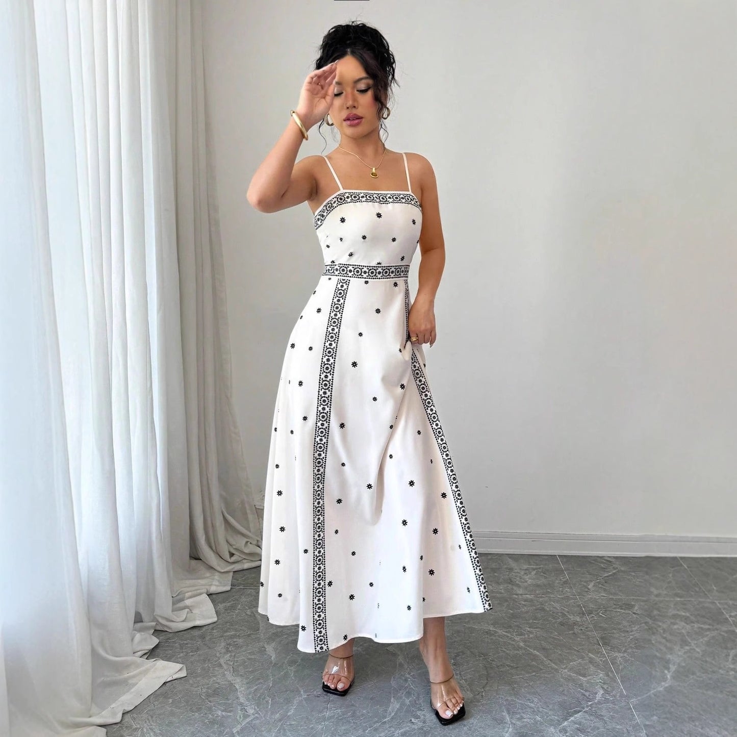 Fitted-waist White Printed A-line Maxi Dress