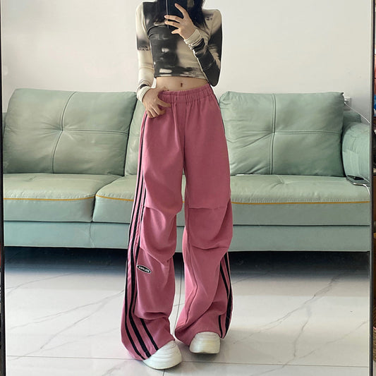 American Style Retro Workwear Three Bars Straight-leg Pants Women's