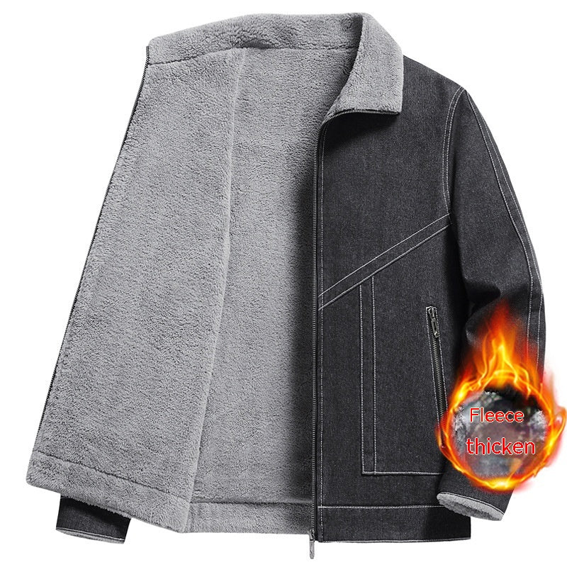 Denim Men's Fleece-lined Thickened Korean Style Lapel Youth Casual Jacket