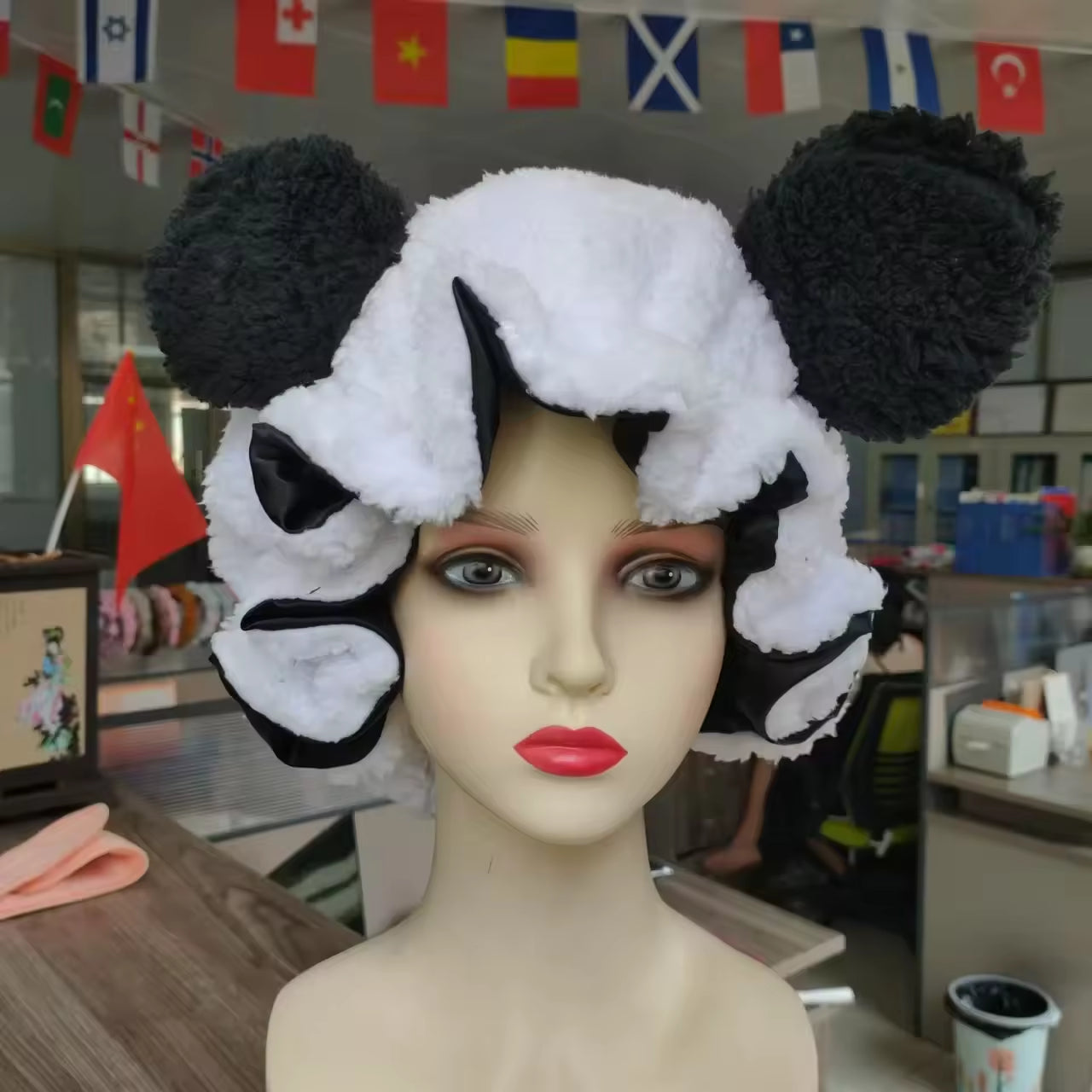 Cat Ear Bow Cashmere Sleeper Hat Adjustable Plush Hat