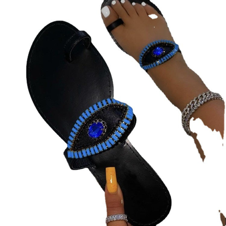 Sapphire Rhinestone Set Toe Flat Slippers European And American Large Size