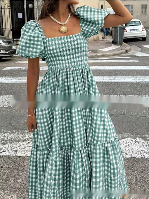Plaid Square-neck Puffed-sleeve Pleated Dress