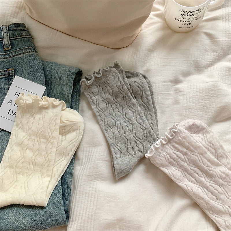 Thin Mesh Solid Color Hollow Wooden Ear Mid-calf Length Loose Socks Breathable Sweat Absorbing