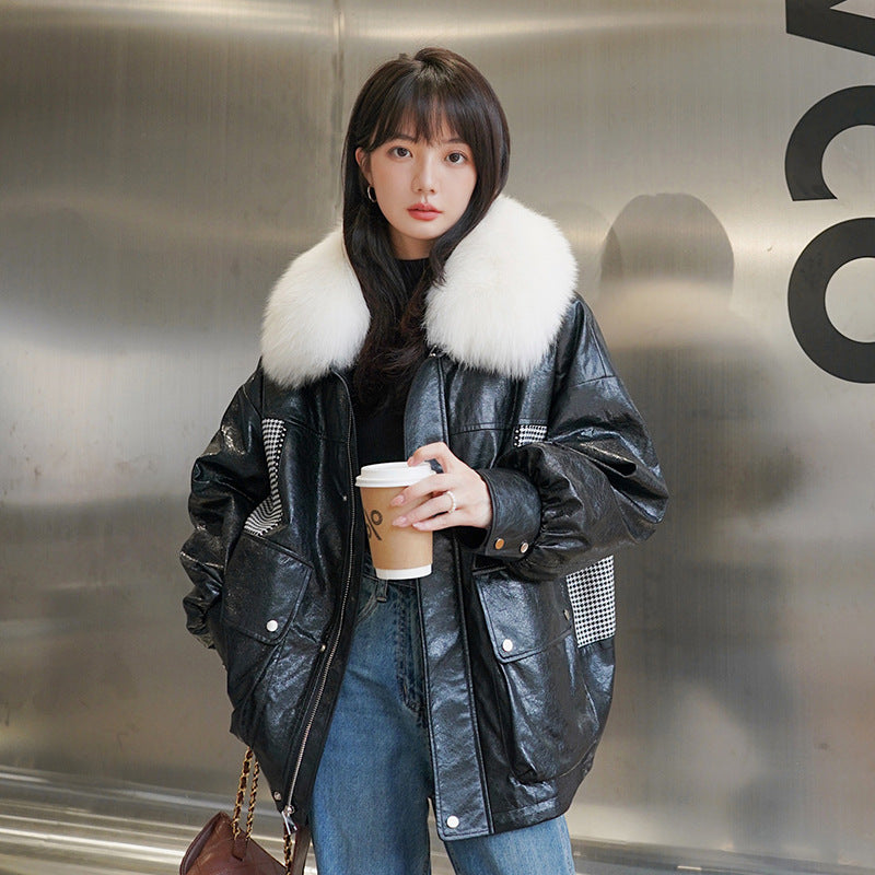 Loose Little Black Pie Overcoming Plaid Stitching Leather Coat And Cotton Jacket