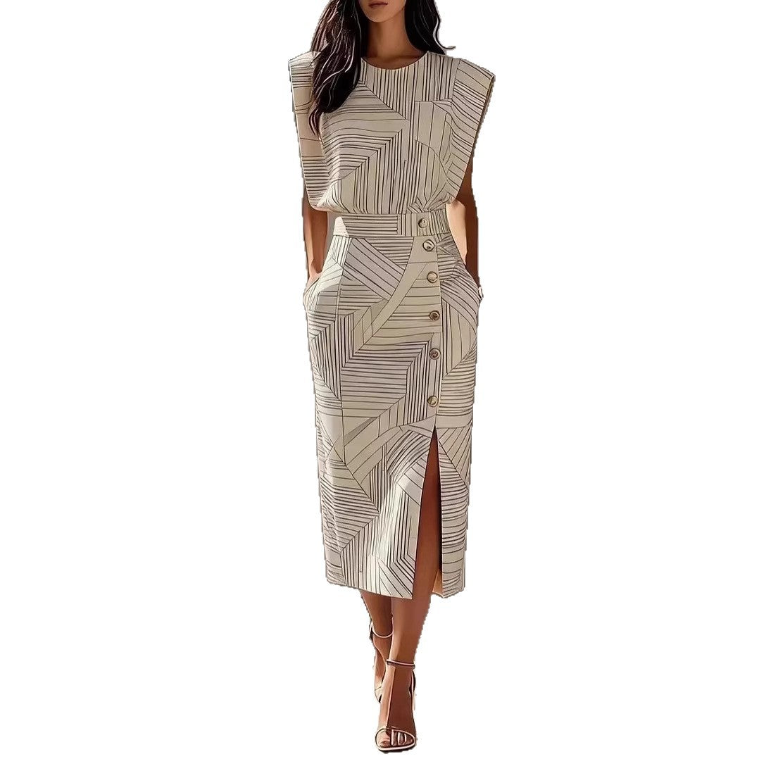 Womens Printed Sleeveless Top And Slit Long Skirt Set