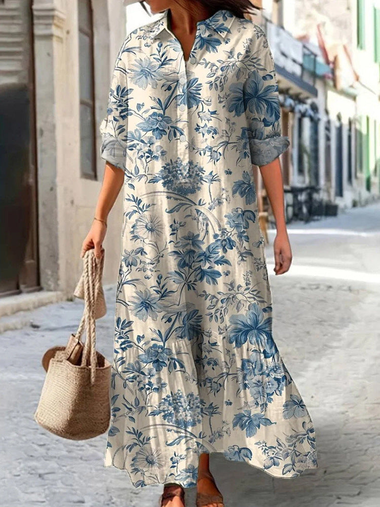 Womens Long-Sleeve Lapel-Neck Digital-Print Dress