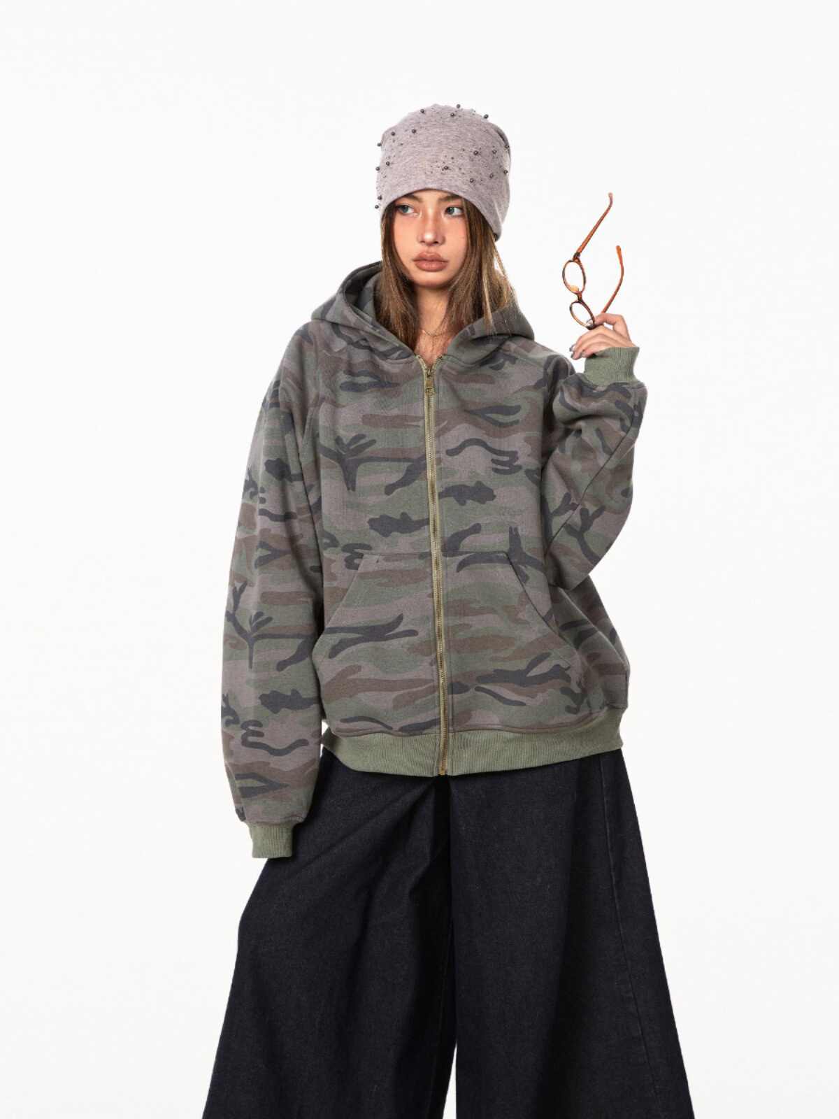 Retro Camouflage Hooded Sweater For Women Loose Cardigan Coat