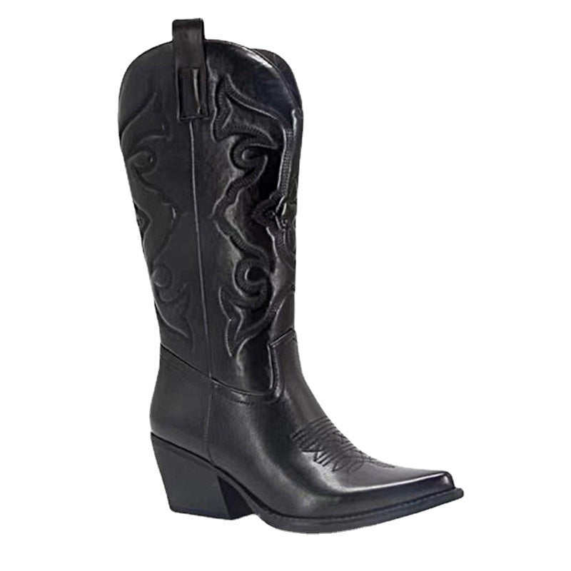 Embroidered Women's Mid-calf Fluorescent Pointed Martin Boots Chunky Heel Plus Size Boots