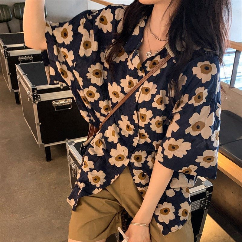 Hong Kong Style Flower Loose Short Sleeve Shirt Top Summer Thin