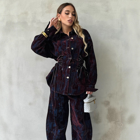 Printed Flocking Contrasting Color Tie-dye Denim Jacket And Pants Set