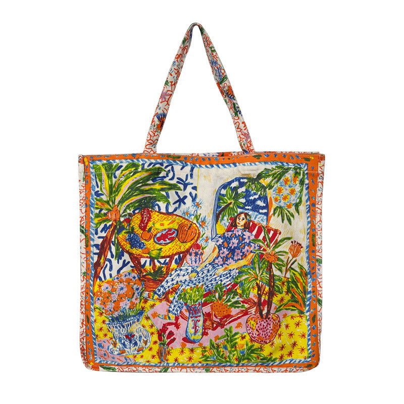 Double Sided Printed Canvas Bag Commuter Large Capacity Shoulder