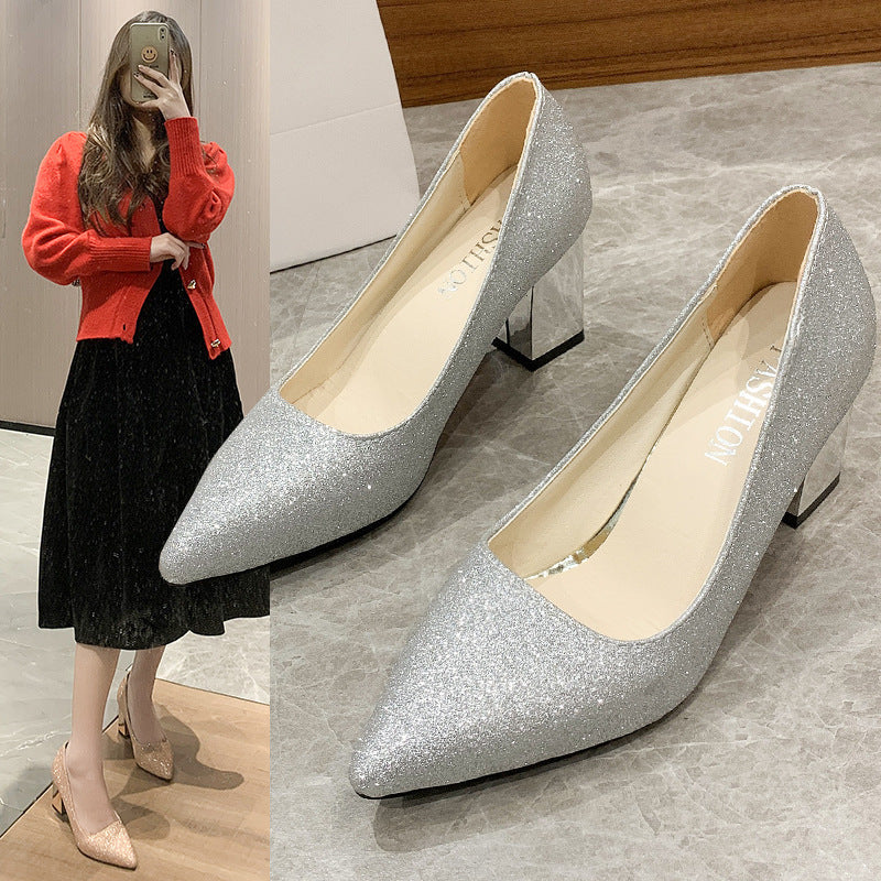 Women's Thick High-heeled Pointed Shallow Shoes
