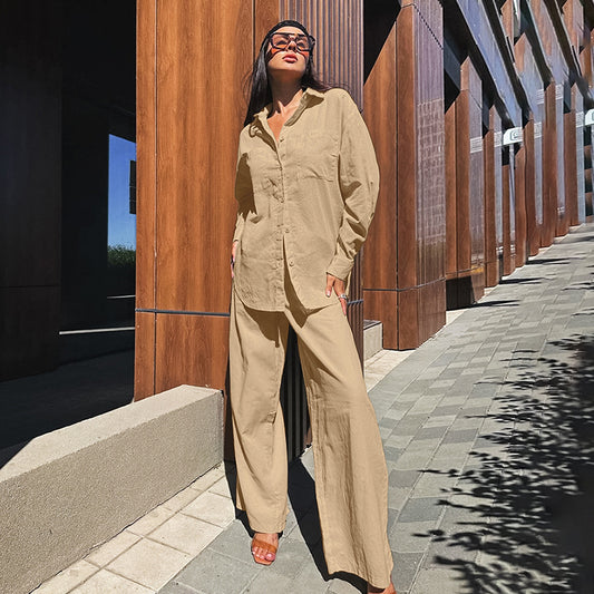 Cross-border Casual Khaki Cotton-linen Set Autumn Foreign Trade Shirt Wide-leg Pants Two-piece Street Style Women's Clothing