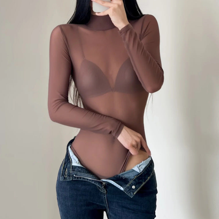 Women's Mesh Sheer Crew-Neck Long-Sleeve Jumpsuit