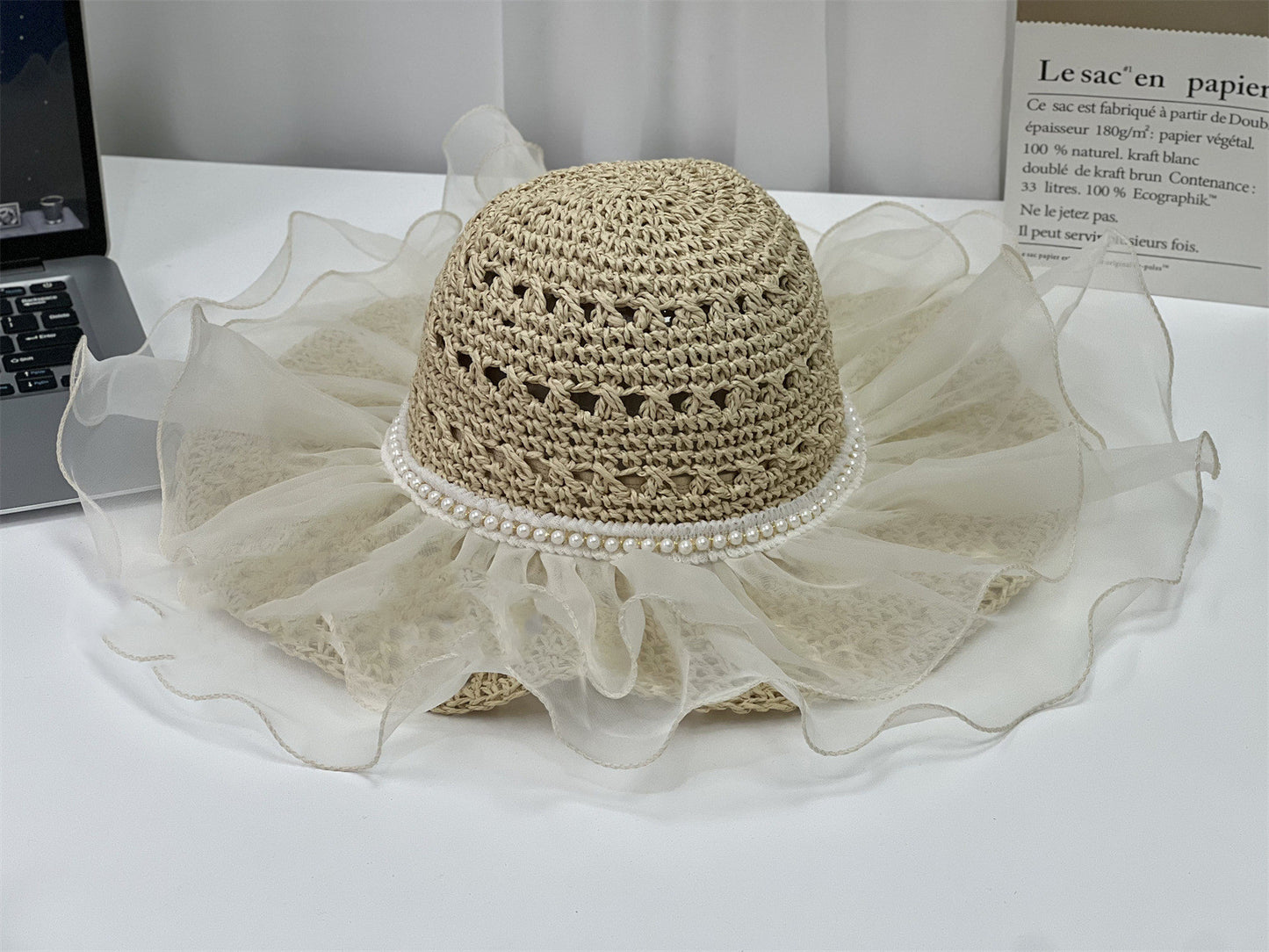 Elegant Pearl Mesh Big Brim Straw Hat Seaside Vacation