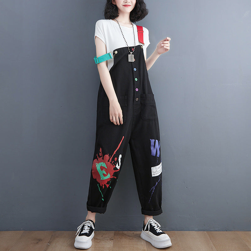 Women's Summer Thin Loose Plus Size Printed Denim Overalls