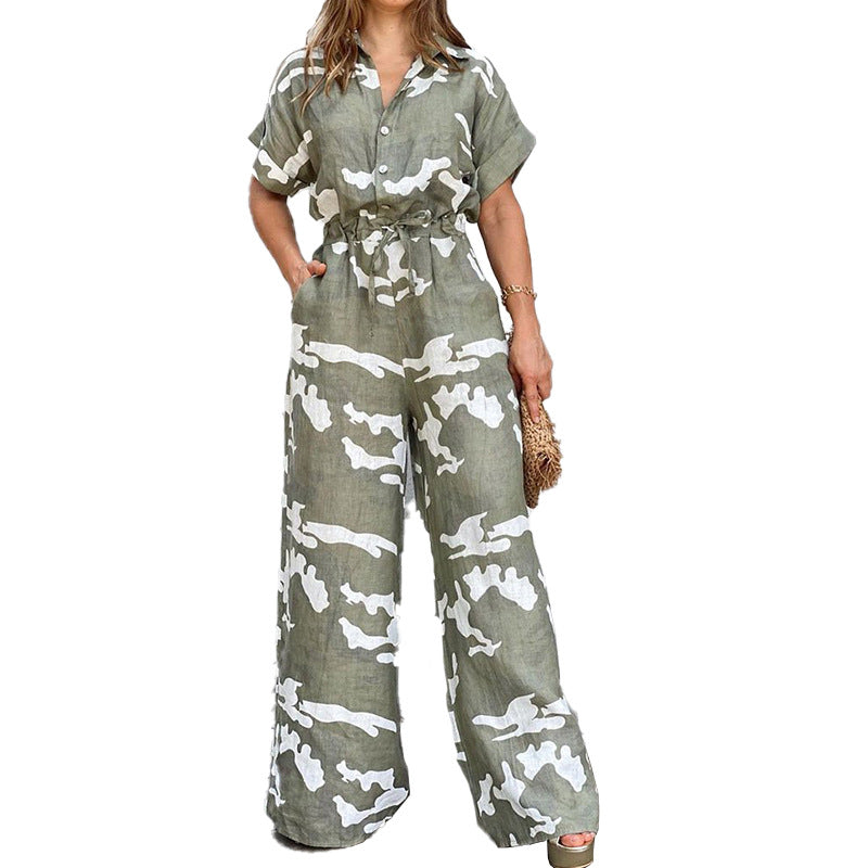 Mode Polo krave, printet, knaplukning, snøredetalje jumpsuit
