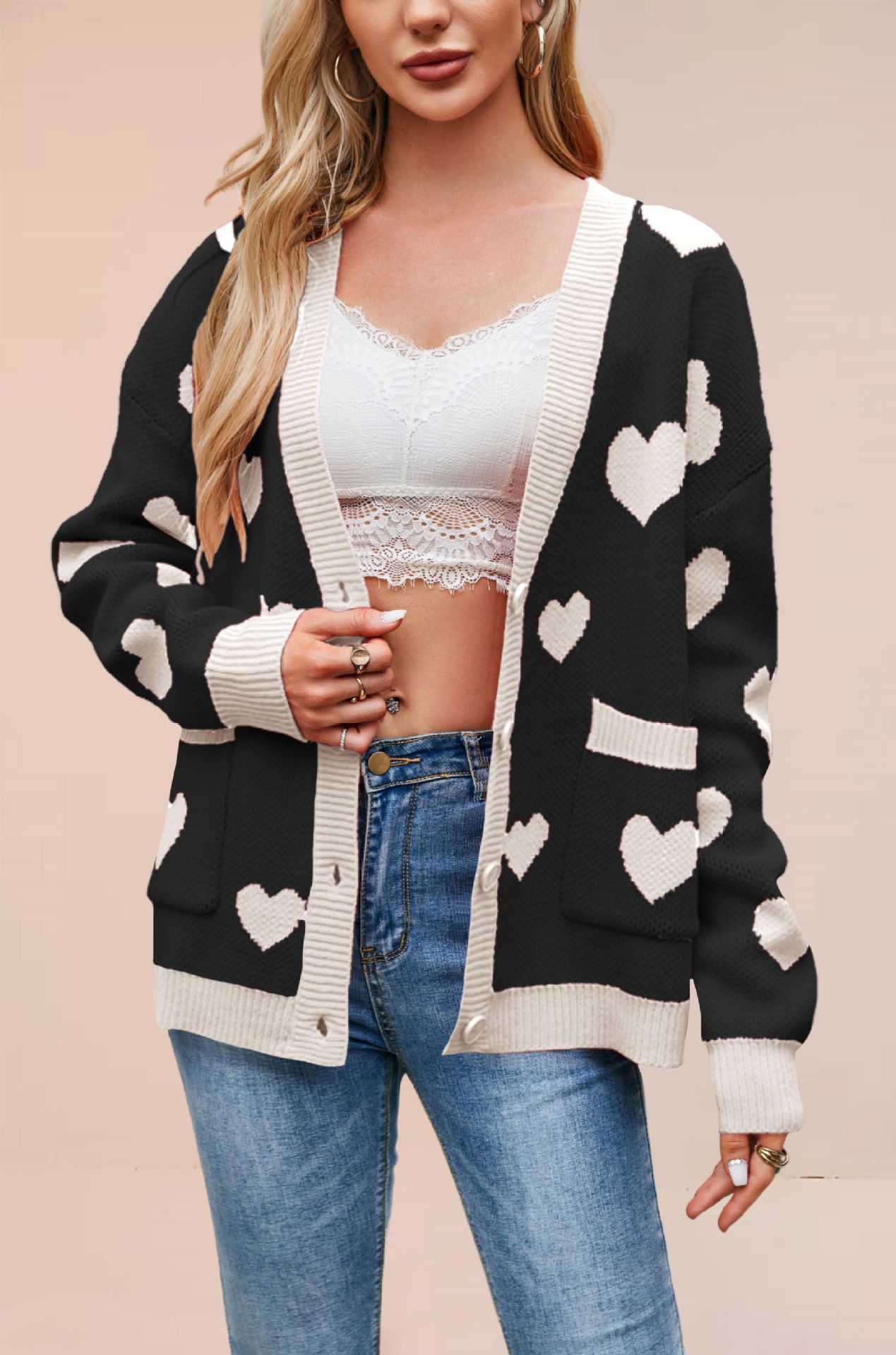 Heart Peach Knitted Cardigan Pocket V-neck Common Style Coat