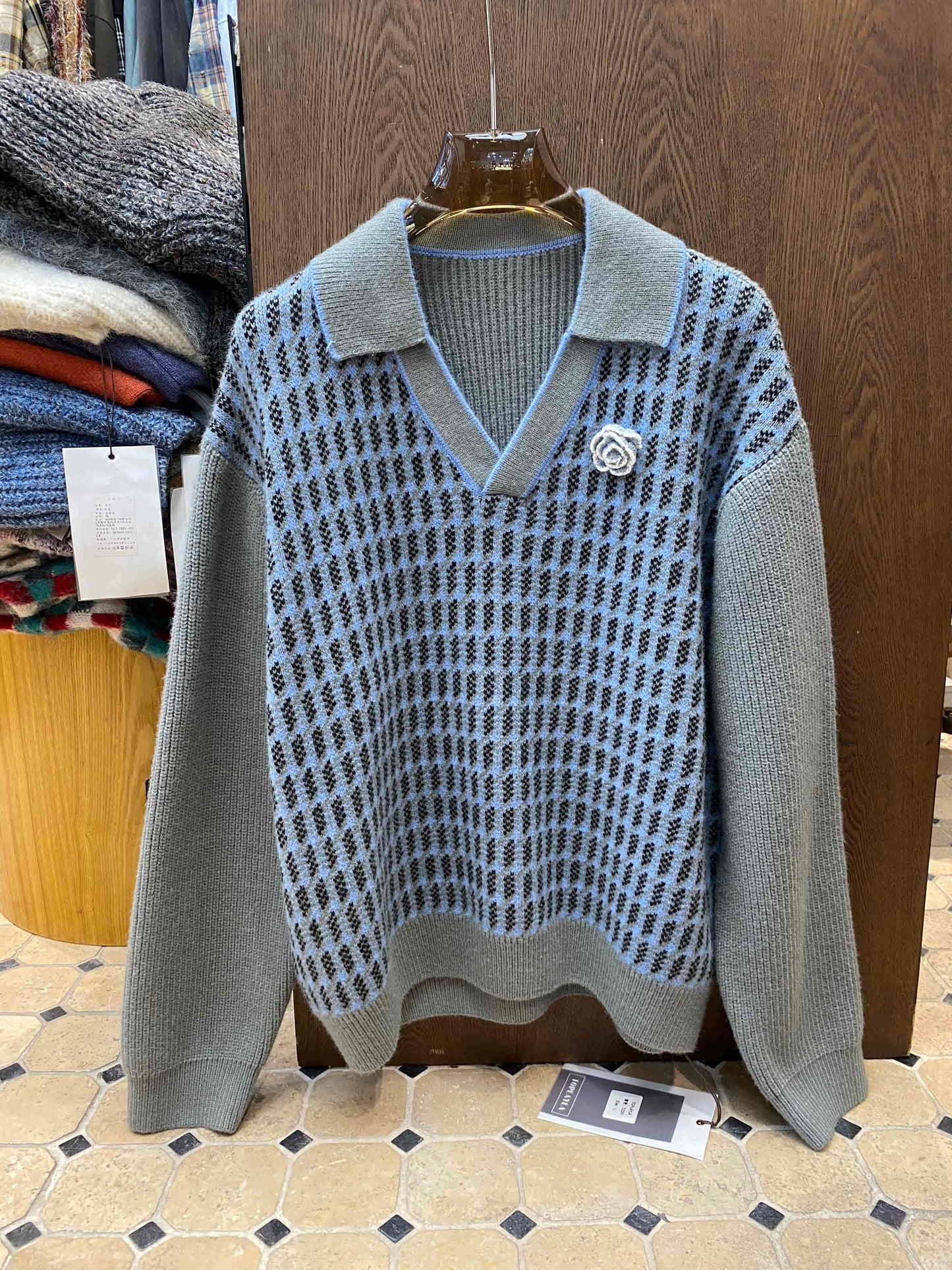 Stitching Contrast Color V-neck Houndstooth Sweater Loose