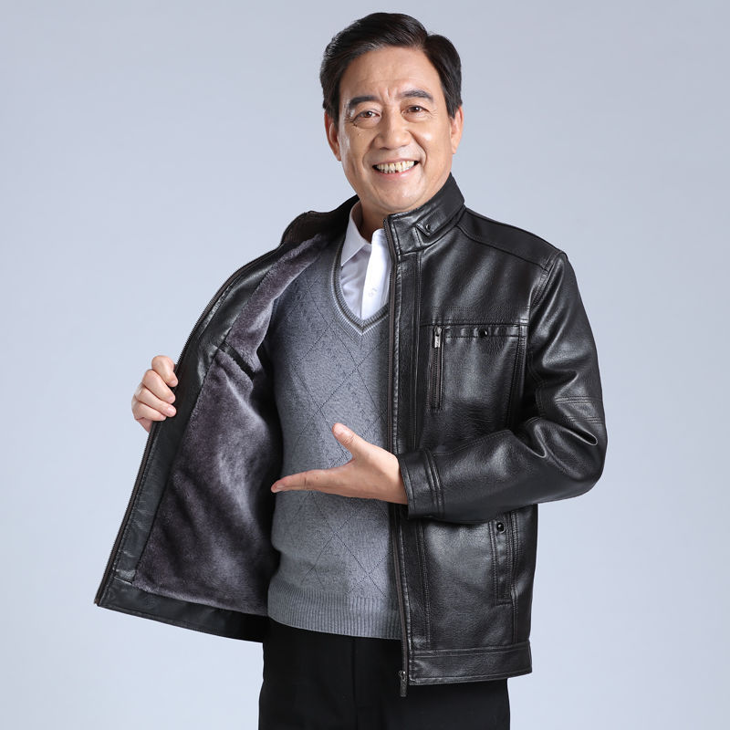 Men's Fleece-lined Thickening Stand Collar Loose Leather Coat