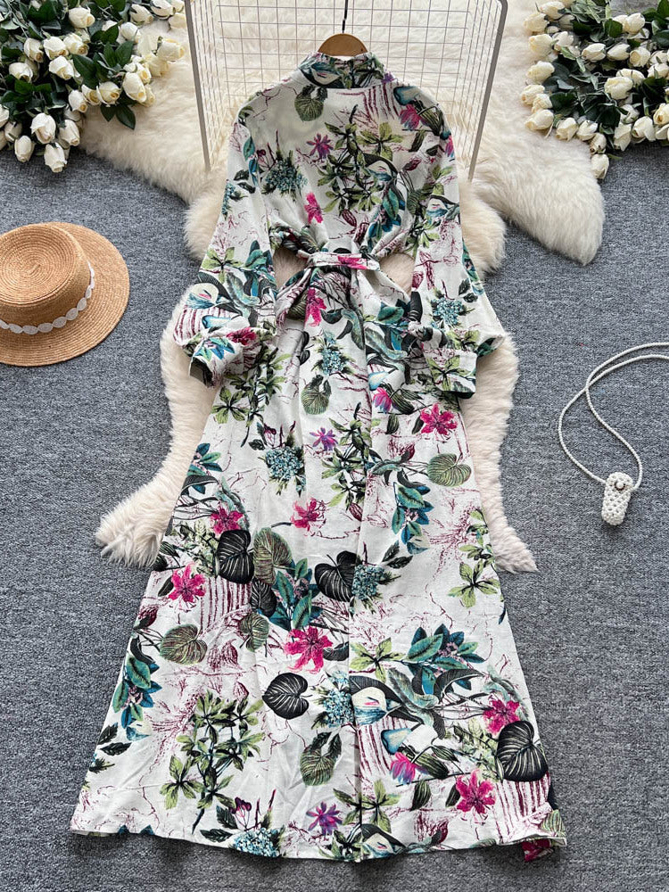 Fransk-inspireret retro elegant enkelttradet blomstret kjole med snøre i taljen til kvinder