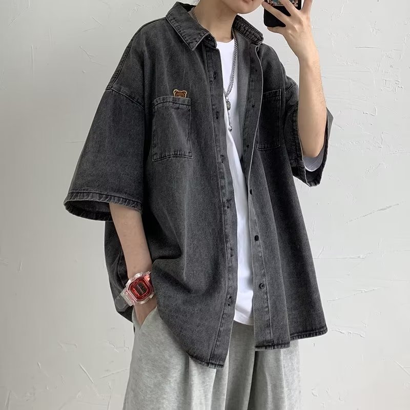 Denim Shirt Men's Short Sleeve Shirt Baggy Coat