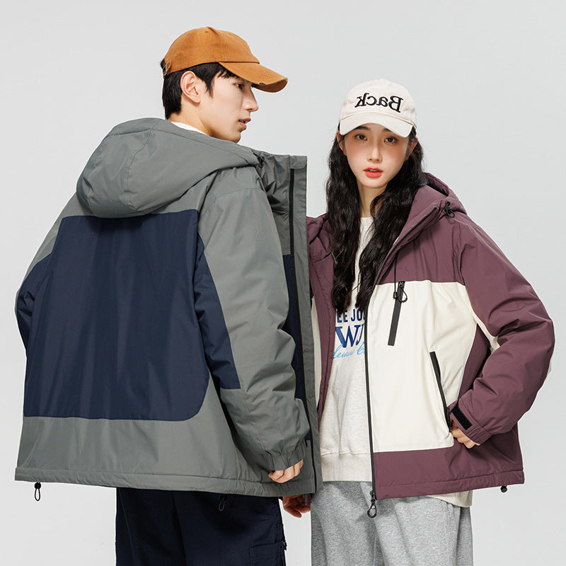 Kontrastfarvet Casual Alsidig Dunjakke Skaljakke Trendy Mekanisk Stil Amerikansk Retro