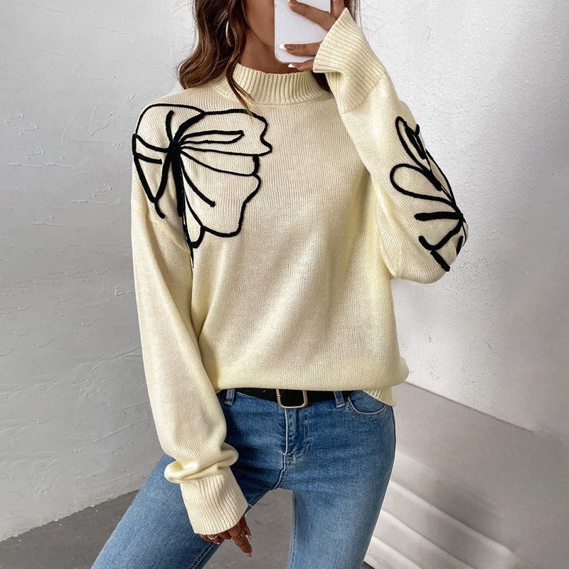 Dame Halv Turtleneck Sweater med Blomstermønster