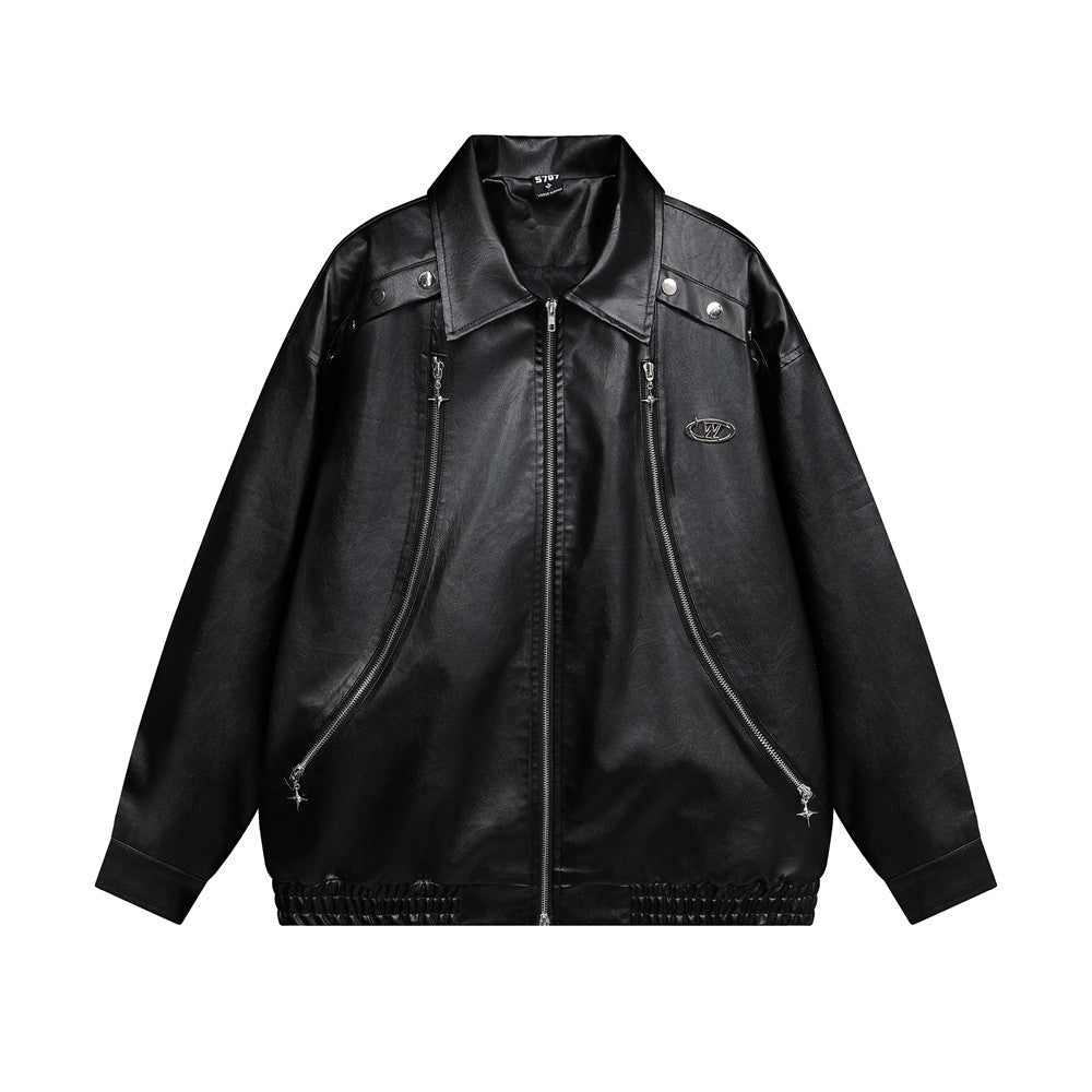 Men's Design Stitching Two-way Zipper Loose Cool PU Leather Jacket