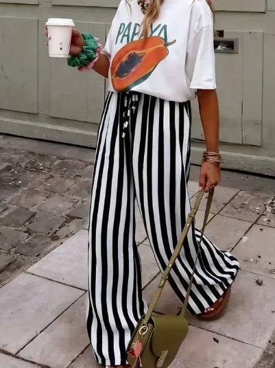 Striped Loose-fit Slimming Casual Wide-leg Floor-length Pants