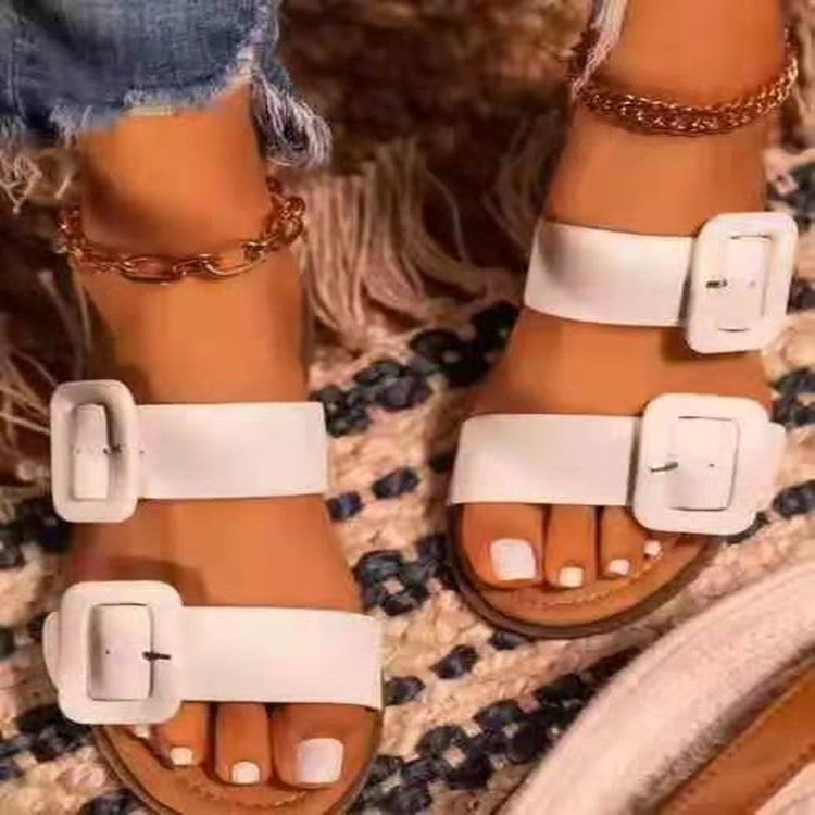 Women's Shoes Large Size Big Buckle Solid Color Soft-soled Comfortable Slip-on