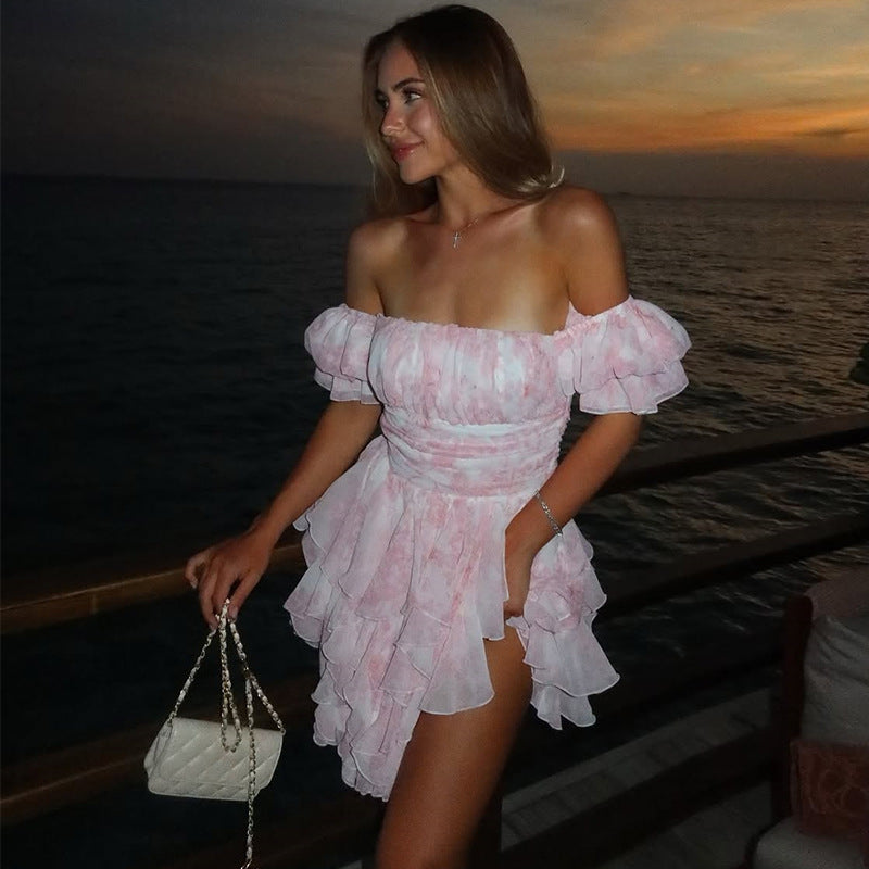 Womens Stylish And Elegant Flared-Sleeve Floral Short Dress