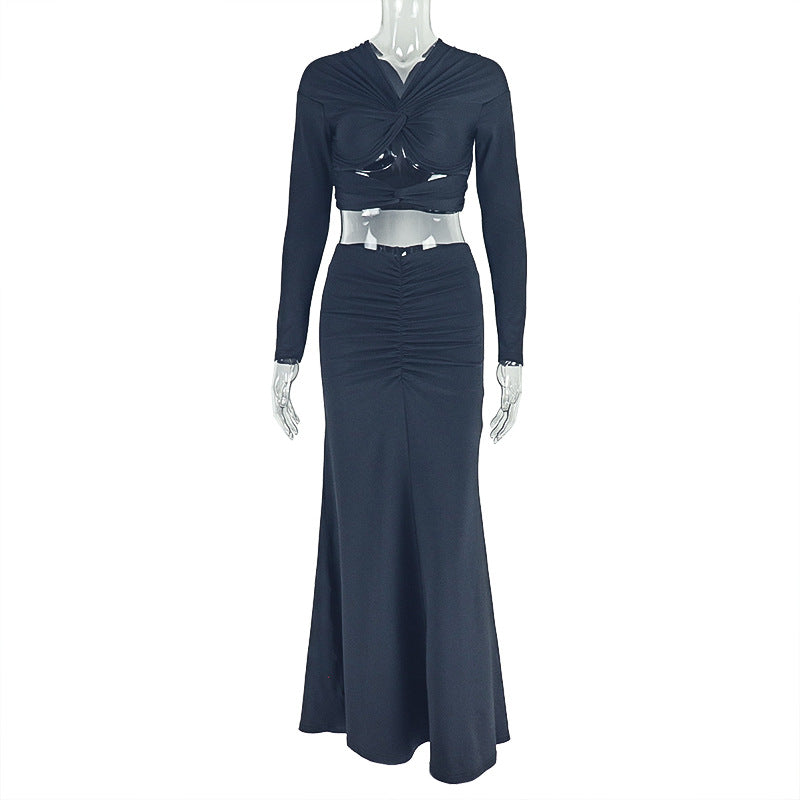 Solid-color V-neck Pleated Skirt Two-piece Set For Women