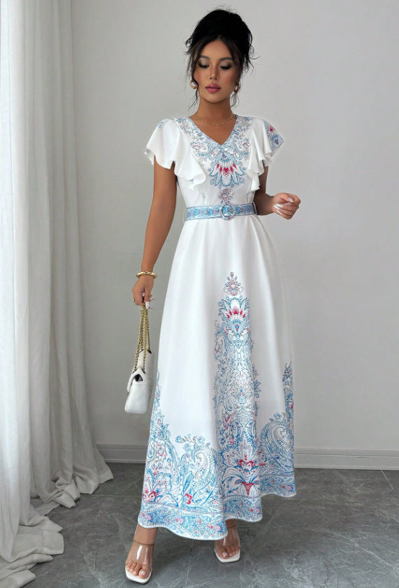 Stand-up Collar Double-breasted Front Lantern Sleeves Printed Long Dress With Lace Trim