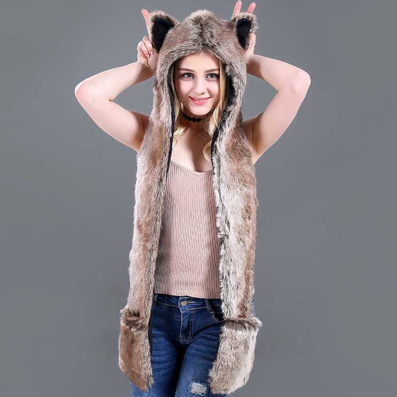 Faux Fur Strå Tegneserie Dyrehat Tørklæde Handsker Én