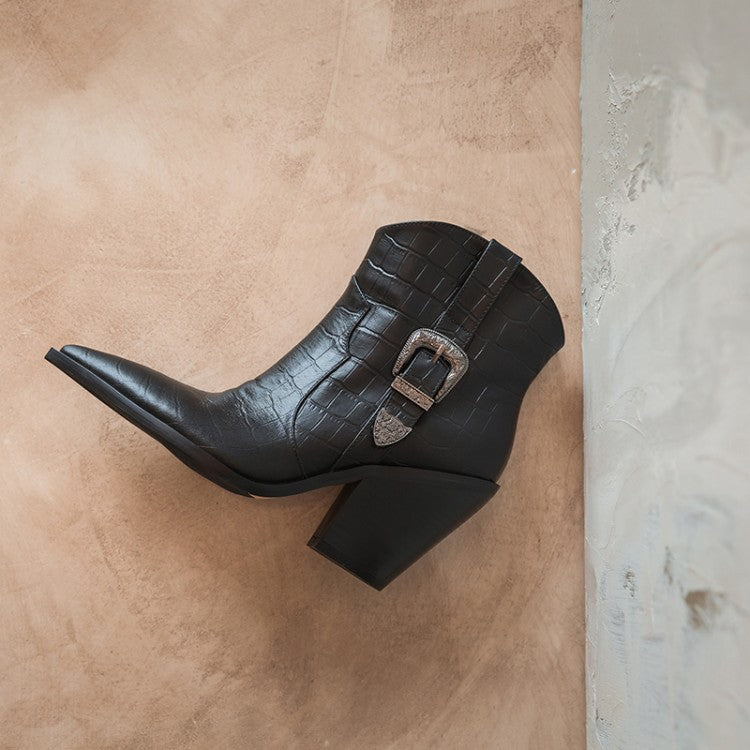 Thick Heel High-heeled Ankle Boots With Pointed Metal Belt Buckle