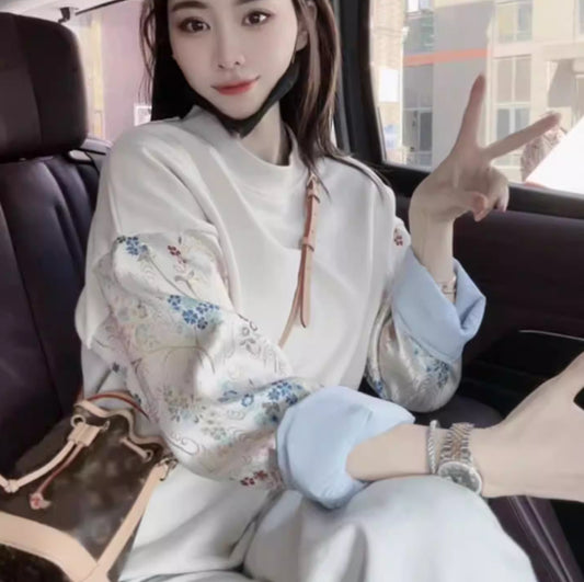 New Chinese-style Color-block Embroidered Crewneck Long-sleeve Hoodie