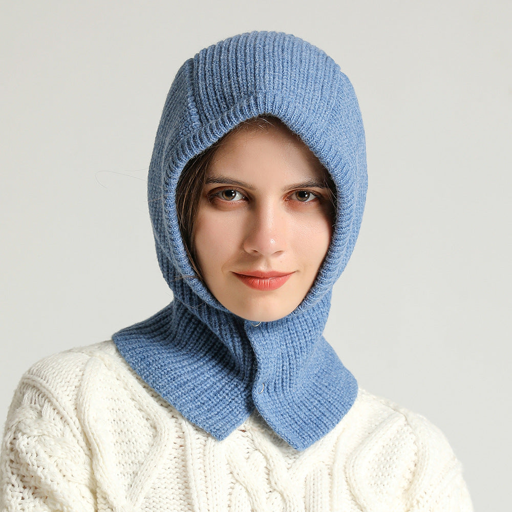 One Piece Warm Solid Button Wool Hat Neckband