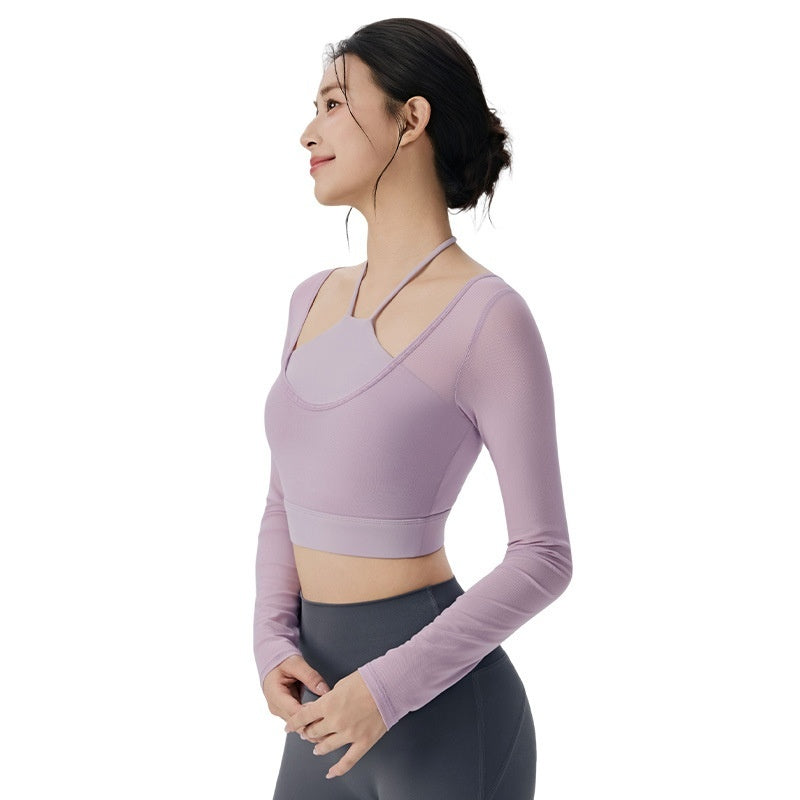 Fake Two-Piece Mesh Long-Sleeve Yoga Top With Built-In Sports Bra