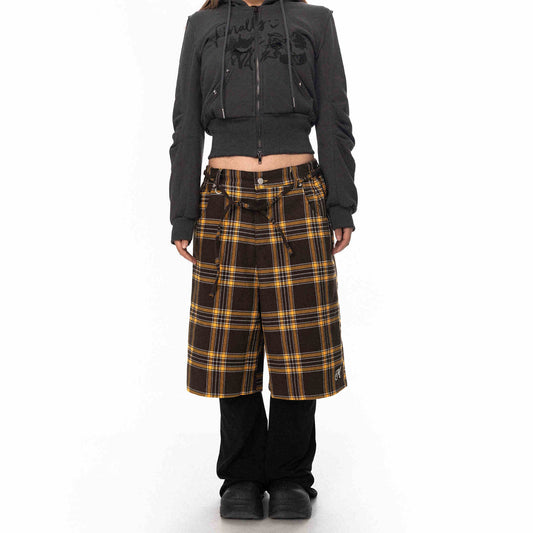 Retro Plaid Pants Women's Loose Casual Straight-leg Wide Leg Shorts