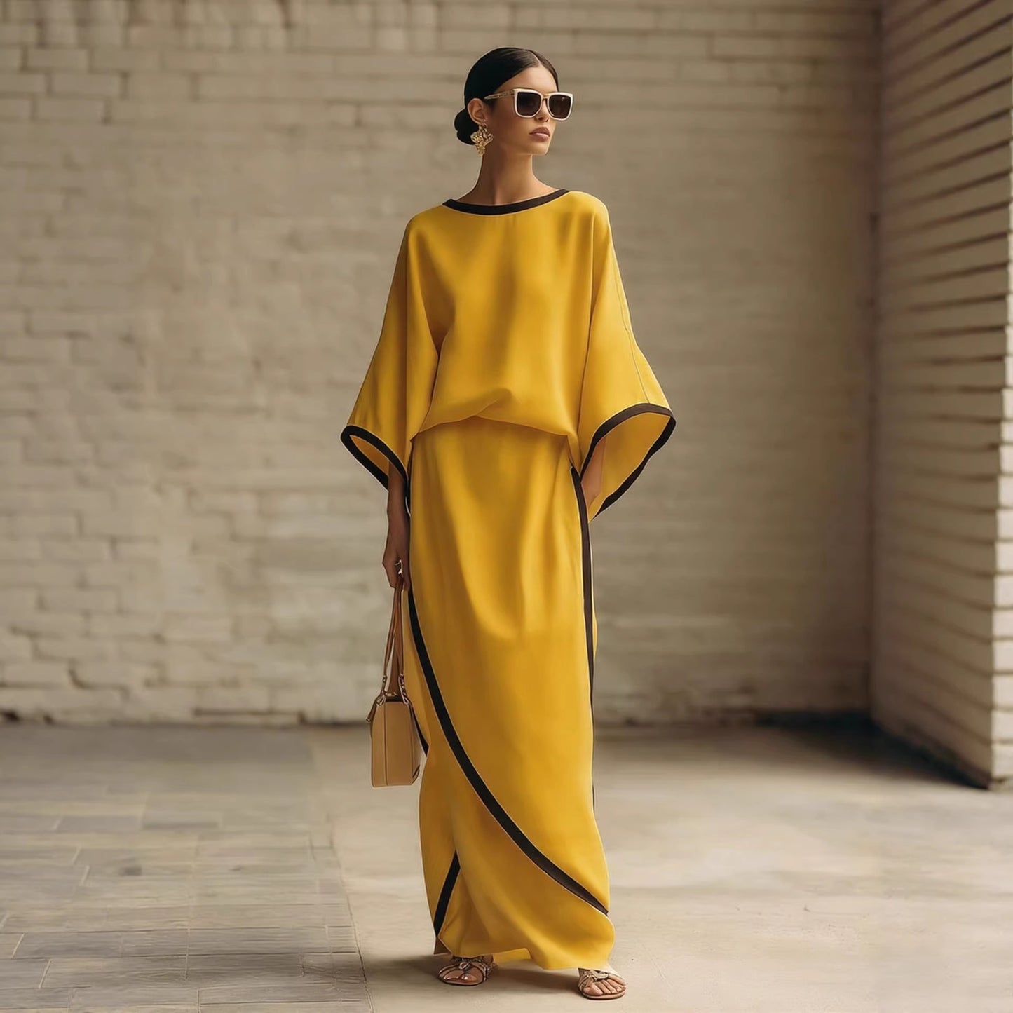 Loose-fitting Womens Batwing-sleeve Robe And Wide-leg Pants Two-piece Set