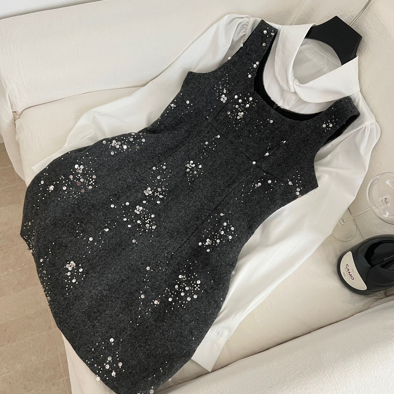 French Doll Collar White Blouse  & Black Sequin Vest Dress Two-Piece Set Spring New