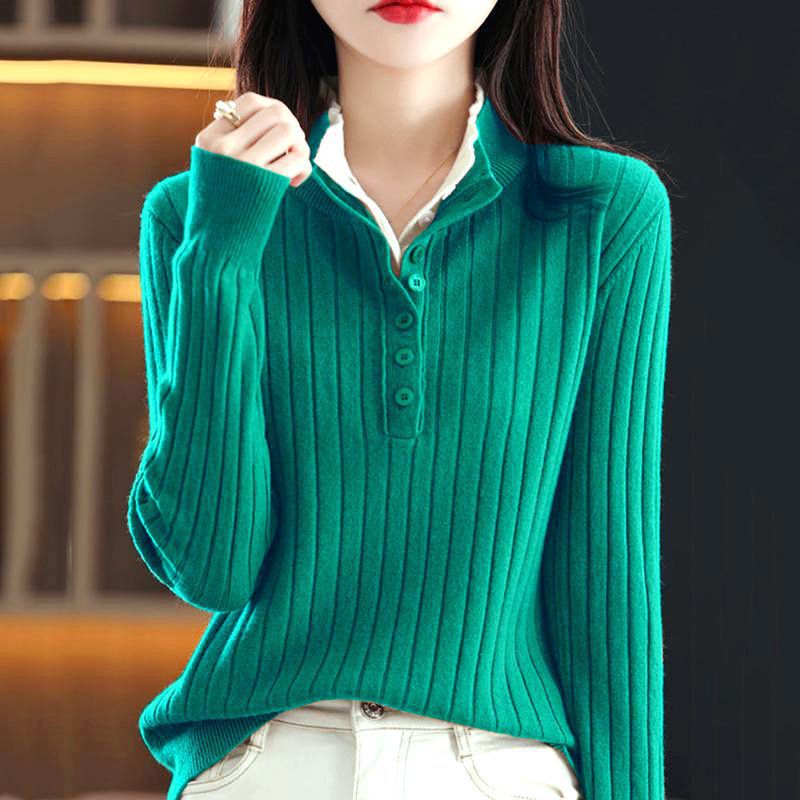 Fake Two-piece Half-open Collar Button-up Sweater Women