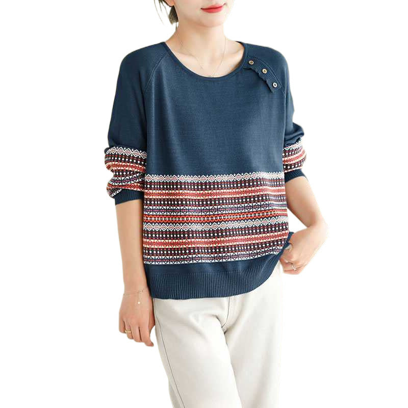 Striped Jacquard Cotton Knitted Sweater For Women
