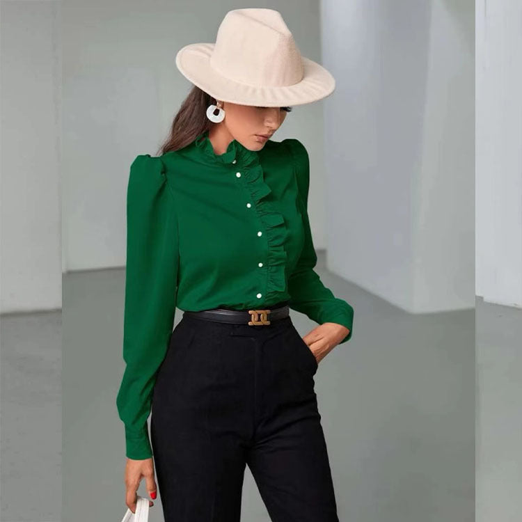 Women's Solid Color Simple Long-sleeved Ruffle Straight Shirt