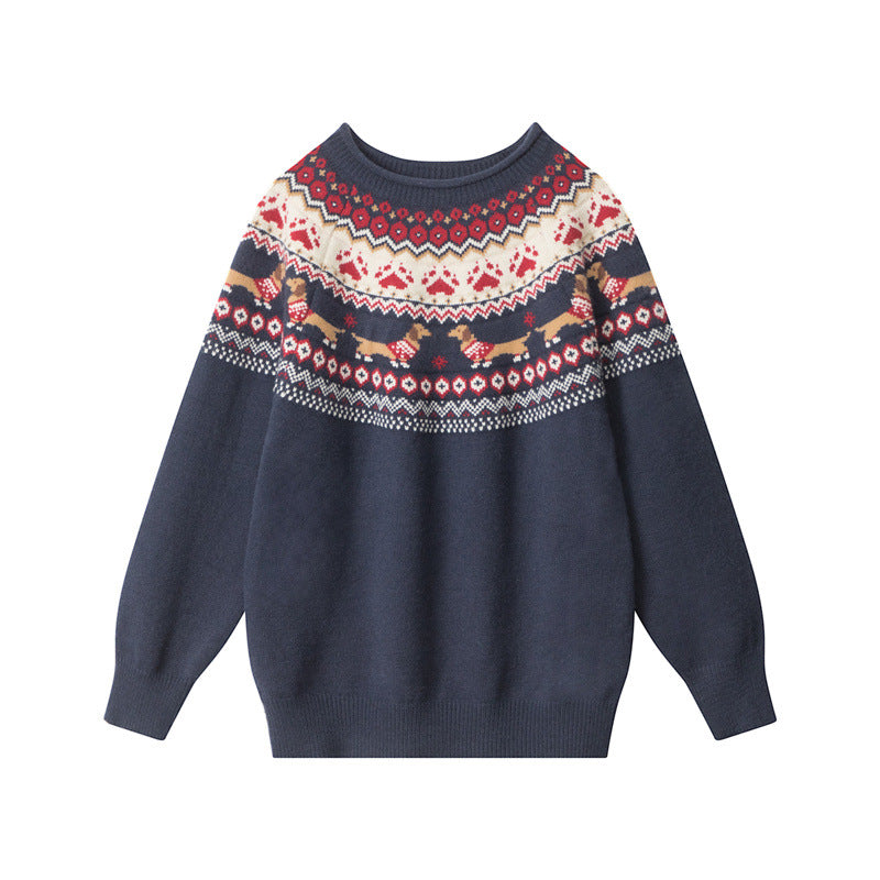 European And American Retro Contrast Color Loose Couple Jacquard Loose-fitting Pullover Sweater