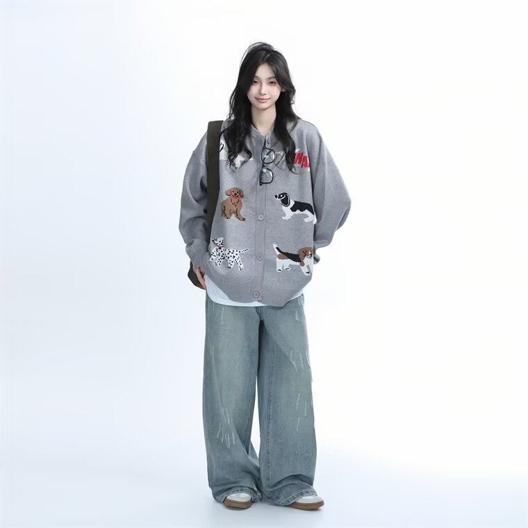 Women's American-style Gray Round-collar Knitted Cardigan