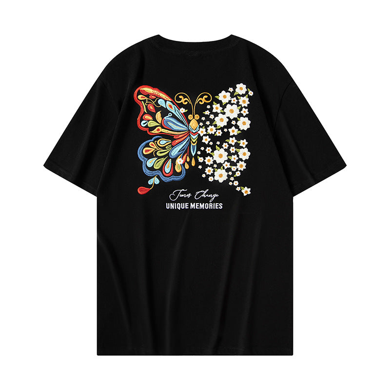 Kortærmet T-shirt Sommerfugl Lysskiftende Broderi Kinesisk Stil