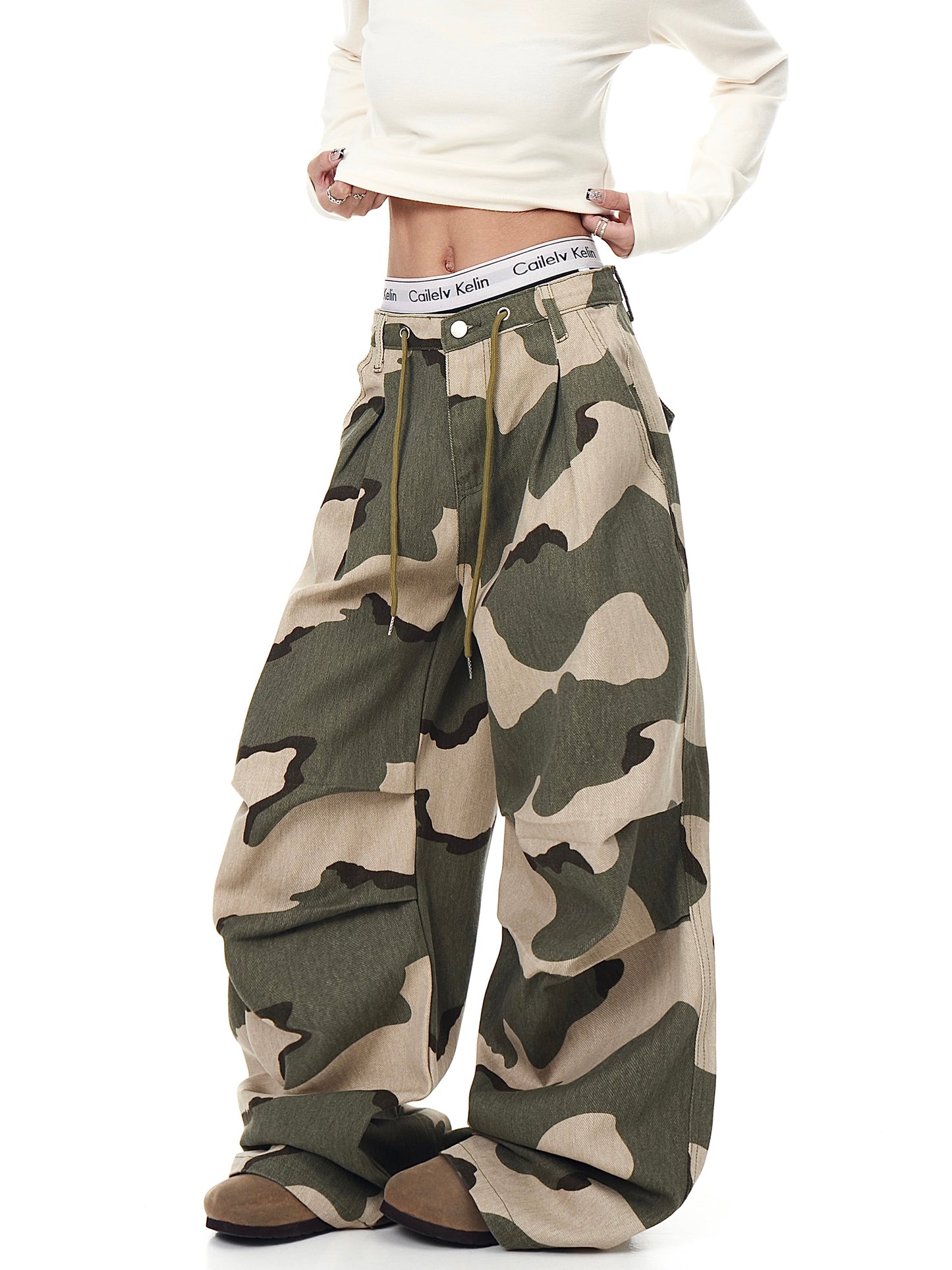 Retro Drawstring Pleated Camouflage Overalls Straight Loose Wide-leg Pants