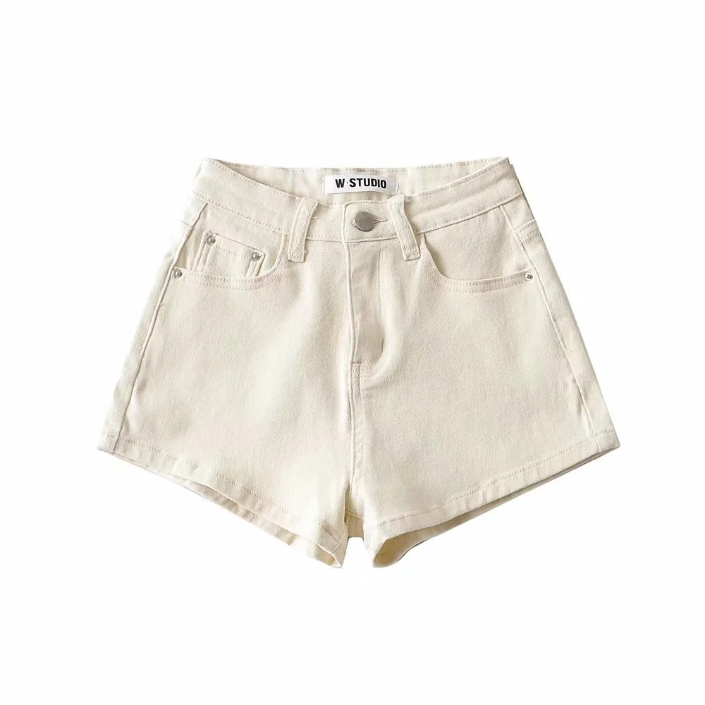 High Waist Leg Length Basic A-Line Stretch Crimped Denim Shorts